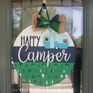 Handcrafted Happy Camper Door Hanger: Rustic Camping Door Plaque