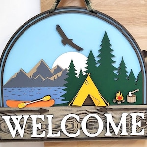 Handpainted Camping Welcome Sign: Rustic Mountain Scene Door Hanger