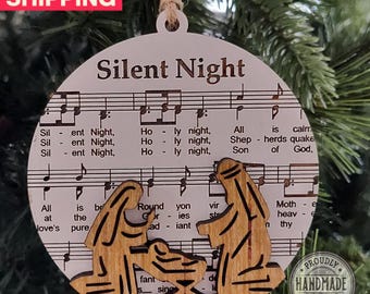 Nativity Christmas Ornament: Silent Night Sheet Music, Handmade Wood Manger Scene