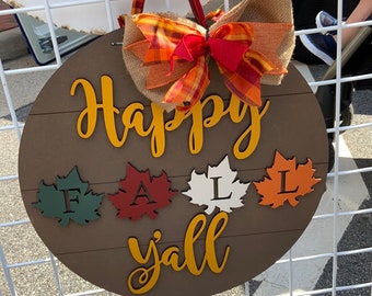 Letrero rústico de otoño para puerta: Letrero de madera con lazo "Feliz otoño a todos".