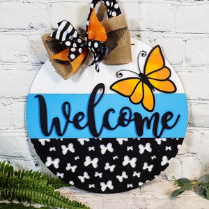 Hand Painted Butterfly Welcome Sign: 3D Rustic Door Hanger