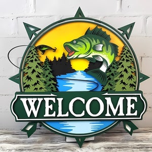 Handpainted Wood Welcome Sign: Rustic Fish & Forest Door Hanger