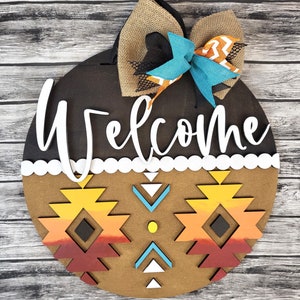 Aztec Welcome Door Hanger: Rustic Farmhouse Wood Sign