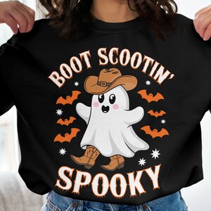 Boot Scootin&#39; Spooky Shirt | Cute Ghost Halloween T-Shirt | Western Cowgirl Halloween Tee | Fun Cowboy Halloween Costume Shirt