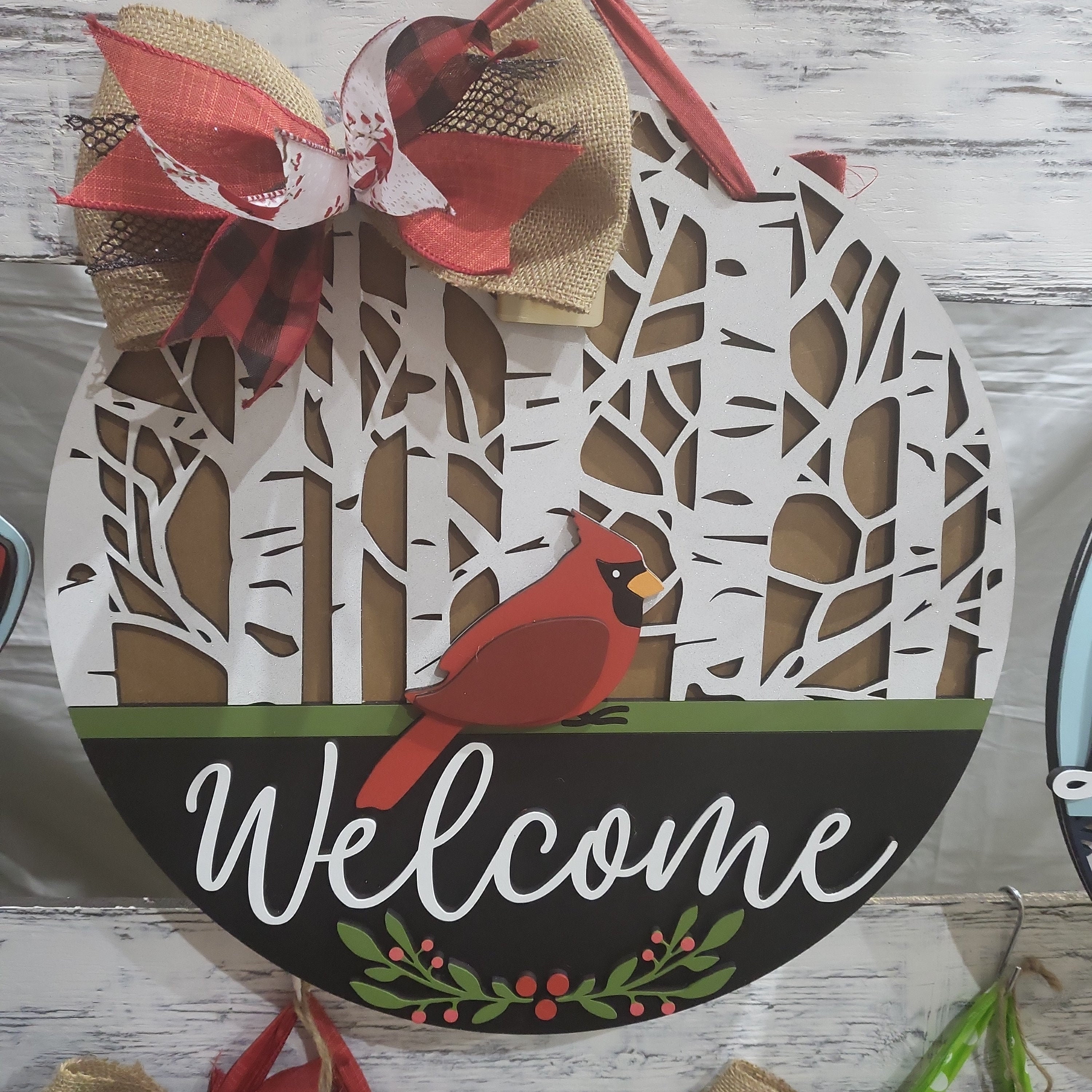 Cardinal Welcome Sign: 3D Birch Tree Wooden Door Hanger - Etsy