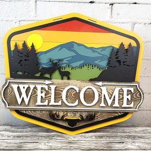 Hand Painted Wooden Welcome Sign: Rustic Mountain Scene Door Decor