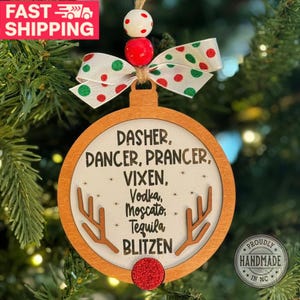 Funny Reindeer Wine Christmas Ornament | Cocktail Names Holiday Humor Tree Decoration | Adult Drinking Humor Gift