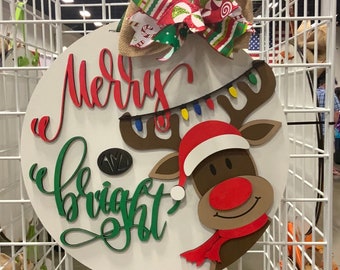 Handpainted Christmas Reindeer Door Hanger: Festive Wood Sign