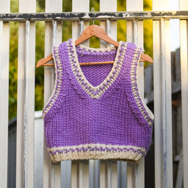 Hand knitted chunky purple merino wool vest - Size small/medium