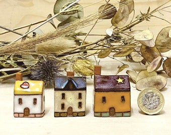 Set of 3, Tiny Ceramic House Tiny Tree Unique Present Housewarming Gift, Cute Pottery Village, Home Decoration Colourful Mini Cottage