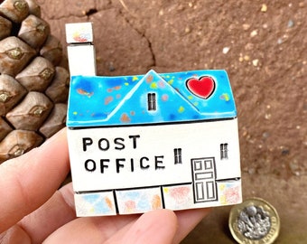 POST OFFICE Tiny Ceramic House , Miniature house, British Houses, Cute Pottery Village, Home Decoration Colourful Mini Cottage