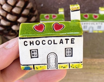 CHOCOLATE Tiny Ceramic House , Miniature house, British Houses, Cute Pottery Village, Home Decoration Colourful Mini Cottage