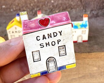 CANDY SHOP Tiny Ceramic House , Miniature house, British Houses, Cute Pottery Village, Home Decoration Colourful Mini Cottage