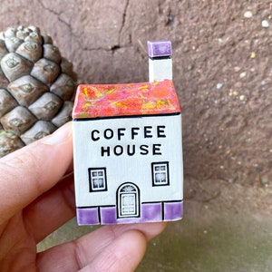 COFFEE HOUSE Tiny Ceramic Houses, Gifts for Friends, Present for her,Handmade Tiny Village Houses, Cute gift