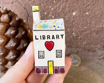 LIBRARY Tiny Ceramic Houses, Gifts for Friends, Present for her,Handmade Tiny Village Houses, Cute gift