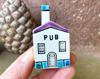 PUB Tiny Ceramic Houses, Gifts for Friends, Present for her,Handmade Tiny Village Houses, Cute gift