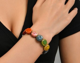 Ceramic Bracelet, Handmade Ceramic Jewellery, Colour Block Ceramic Bracelet, Chunky Bracelet-  Multicoloured- Artisan Design- Boho Bracelet-