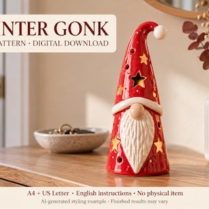 May include: A red ceramic gnome figurine with a tall, pointed hat featuring star-shaped cutouts and a white beard. The text WINTER GONK PDF PATTERN DIGITAL DOWNLOAD is visible at the top, with A4 + US Letter English instructions at the bottom.