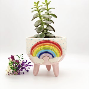 Op de afbeelding: Een roze keramische plantenpot met drie poten en een regenboogontwerp. De pot heeft witte stippen en is gevuld met een groene succulent.