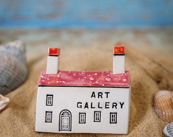 ART GALLERY Tiny Ceramic House , Miniature house, British Houses, Cute Pottery Village, Home Decoration Colourful Mini Cottage