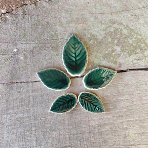 May include: Five ceramic leaf-shaped decorations. Each leaf is a deep green with detailed veining and a cream-coloured edge. The leaves are arranged on a weathered wooden surface, creating a natural, organic aesthetic.