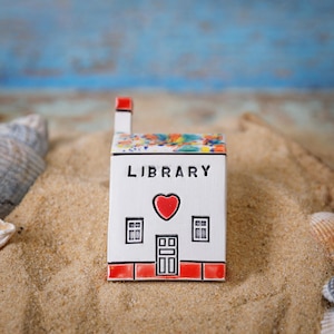 LIBRARY Tiny Ceramic Houses, Gifts for Friends, Present for her,Handmade Tiny Village Houses, Cute gift