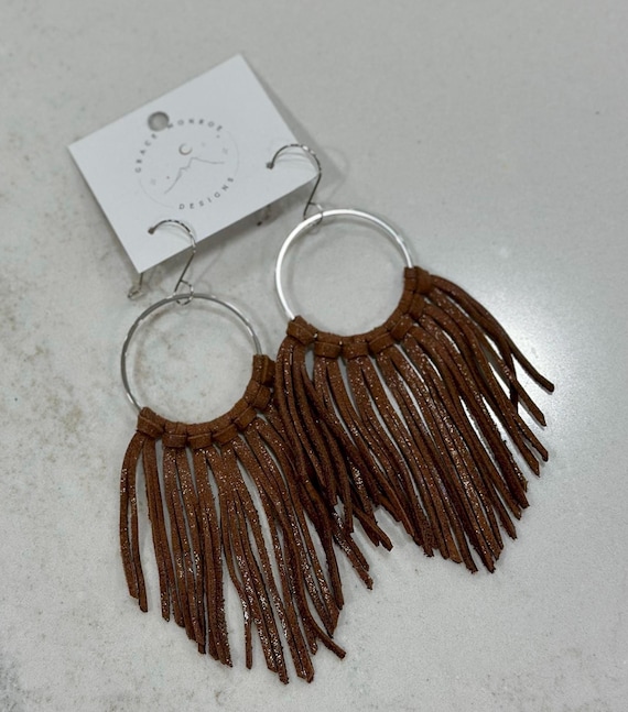 Authentic Leather Brown Fringe Earrings/Bridal Wedding Earrings/Boho Chic Earrings/Country Concert Earrings/Summer Fringe Western Earrings