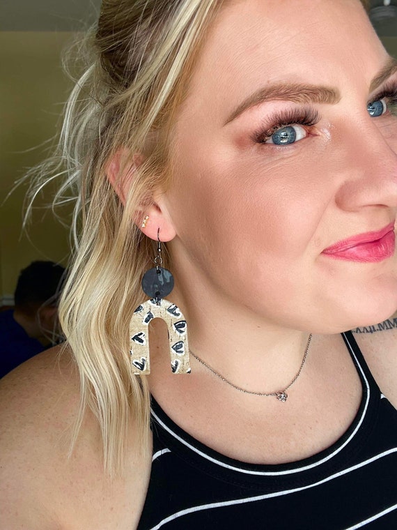 Black Tan Leather Cork Arch Heart Earrings/U Earrings/Heart Earrings/Trending Earrings/Leather Arch Earrings/Chic Black Tan Heart Earrings