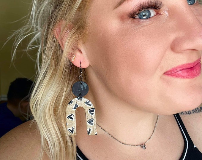 Black Tan Leather Cork Arch Heart Earrings/U Earrings/Heart Earrings/Trending Earrings/Leather Arch Earrings/Chic Black Tan Heart Earrings