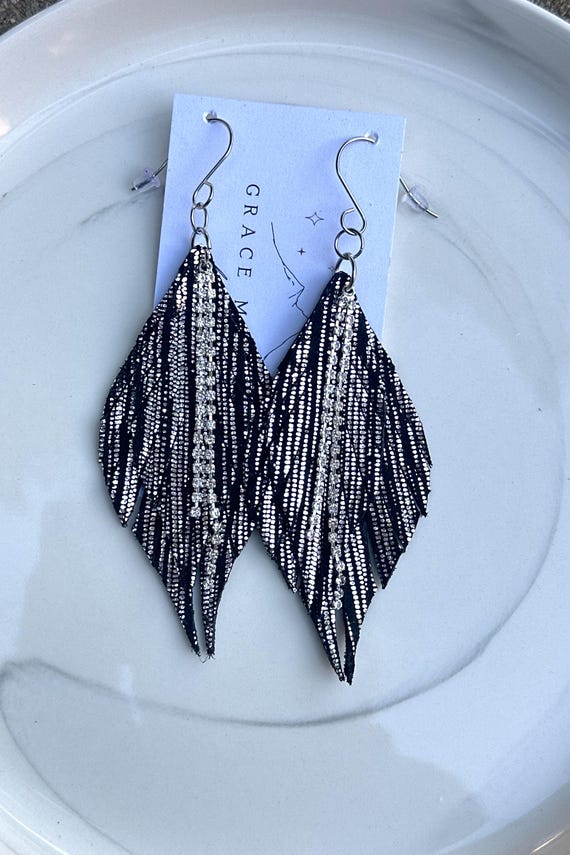 Black Metallic Silver Leather Double Fringe Leaf Rhinestone Earrings Dangles/Trending Western Chic Boho Leather Leaf Rhinestone Earrings