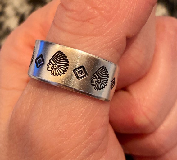 Handstamped Indian Chief Ring, Indian Chief Jewelry, Indian Inspired Ring, Western Jewelry, Headdress Chief Ring, cowgirl ring, tribal ring