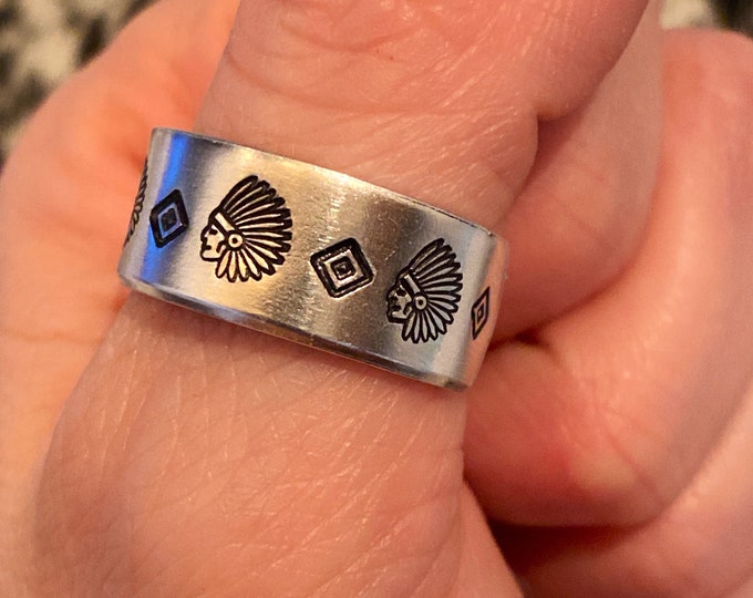Handstamped Indian Chief Ring, Indian Chief Jewelry, Indian Inspired Ring, Western Jewelry, Headdress Chief Ring, cowgirl ring, tribal ring