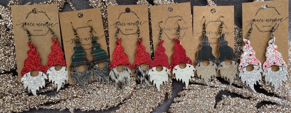 Holiday Gnome Leather Earrings, Leather Gnome Earrings, Gnome Gift, Christmas Earrings, Plaid Gnome Earrings, hair on hide earrings