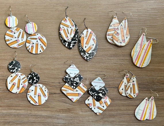 Back to School Leather Earrings/Trending Teacher Earrings/Pencil Notebook Leather Earrings/Circle Leather Dangles/Teacher Educator Gifts