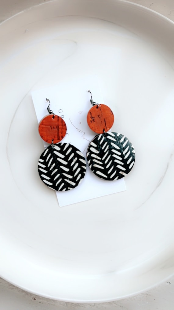Orange Black White Circle Leather Cork Earrings, Black and White Chevron Earrings, Circle Drop Earrings, Trending Earrings, Fall Earrings