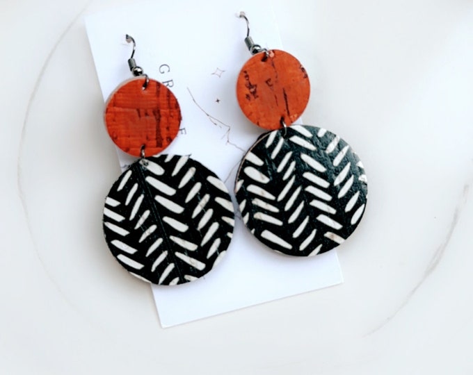 Orange Black White Circle Leather Cork Earrings, Black and White Chevron Earrings, Circle Drop Earrings, Trending Earrings, Fall Earrings