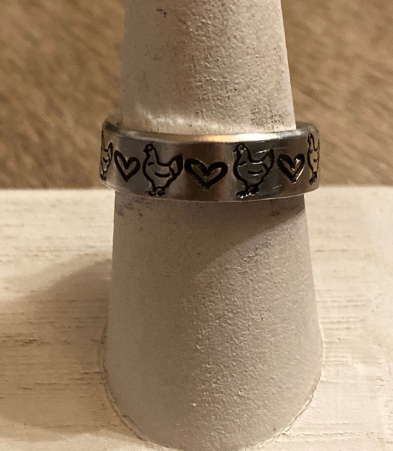 Handstamped chicken ring, chicken lover, chicken mom, chicken cow pig jewelry, chicken ring, chicken farmer, chicken gift, chicken jewelry