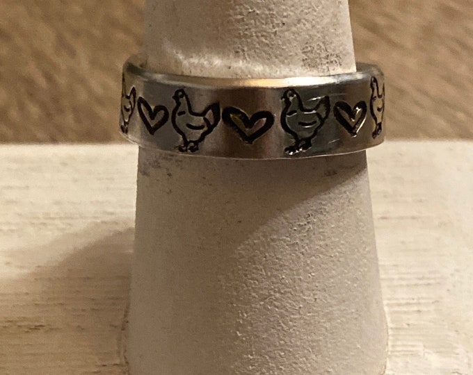 Handstamped chicken ring, chicken lover, chicken mom, chicken cow pig jewelry, chicken ring, chicken farmer, chicken gift, chicken jewelry
