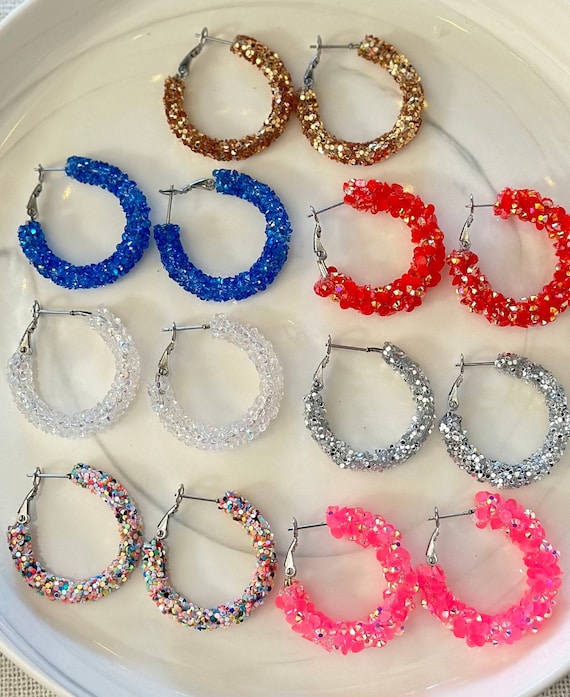 Chunky Glitter Hoops/Iridescent Blue Red Silver Gold Pink Confetti Earrings Stainless Steel Hoop Earrings/Trending Sparkle Hoop Earrings