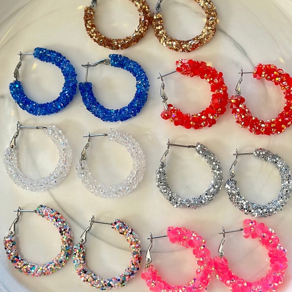 Chunky Glitter Hoops/Iridescent/Blue/Red/Silver/Gold/Pink Confetti Earrings/ Stainless Steel Hoop Earrings/ Summer Trend Hoop Earrings/Gift