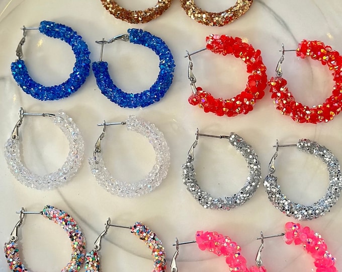 Chunky Glitter Hoops/Iridescent Blue Red Silver Gold Pink Confetti Earrings Stainless Steel Hoop Earrings/Trending Sparkle Hoop Earrings