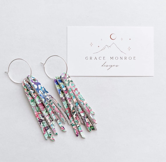 Floral Watercolor Leather Fringe Earrings, floral fringe earrings, spring earrings, short fringe earrings, trending earrings, petitie fringe