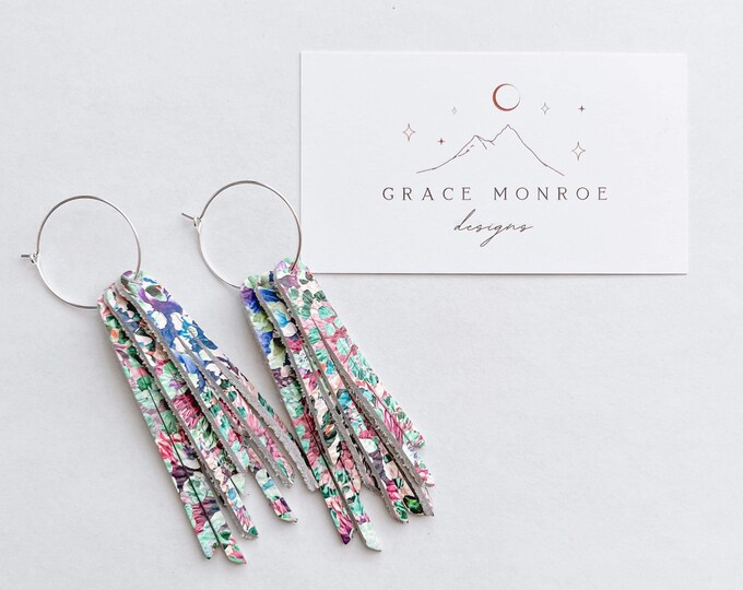 Floral Watercolor Leather Fringe Earrings, floral fringe earrings, spring earrings, short fringe earrings, trending earrings, petitie fringe