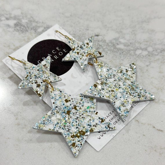 White Blue Silver Gold Multi Glitter Leather Star Earrings/Trending Earrings/Western Earrings/Star Earrings/Concert Earrings/Party Earrings