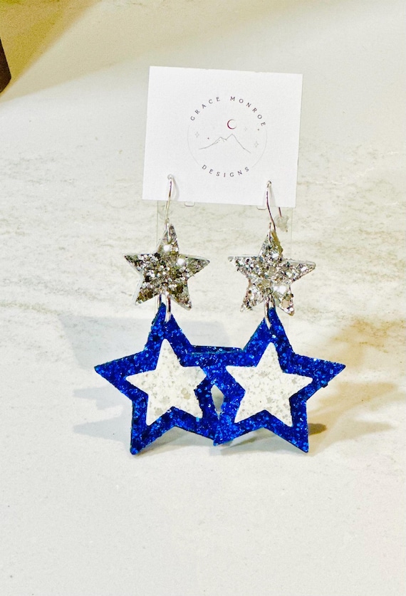 Double Sided Leather Blue Silver Star Earrings/Game Day Dallas Football Earrings/Americas Sweetheart Star Earrings/Dallas Cowboy Fan Jewelry