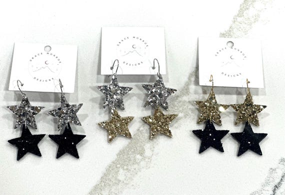 Petite Silver Black Glitter Star Dangle Leather Earrings/Trending Earrings/Western Earrings/Concert Earrings/Party Earrings/Event Earrings