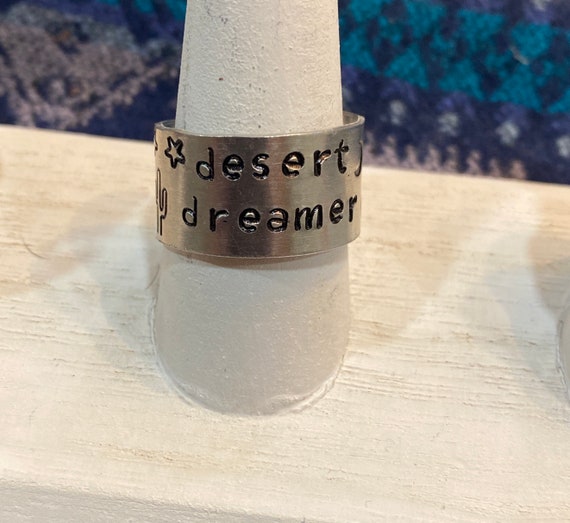 Handstamped Desert Dreamer and Star Adjustable Ring/Hand Stamped Jewelry/Boho Jewelry/Celestial Ring/Eclectic Gift/Celestial Lover Ring Gift