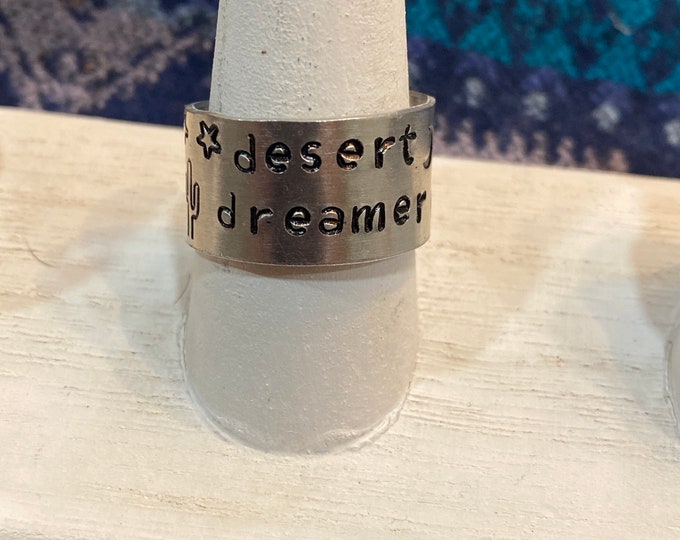 Handstamped Desert Dreamer and Star Adjustable Ring/Hand Stamped Jewelry/Boho Jewelry/Celestial Ring/Eclectic Gift/Celestial Lover Ring Gift