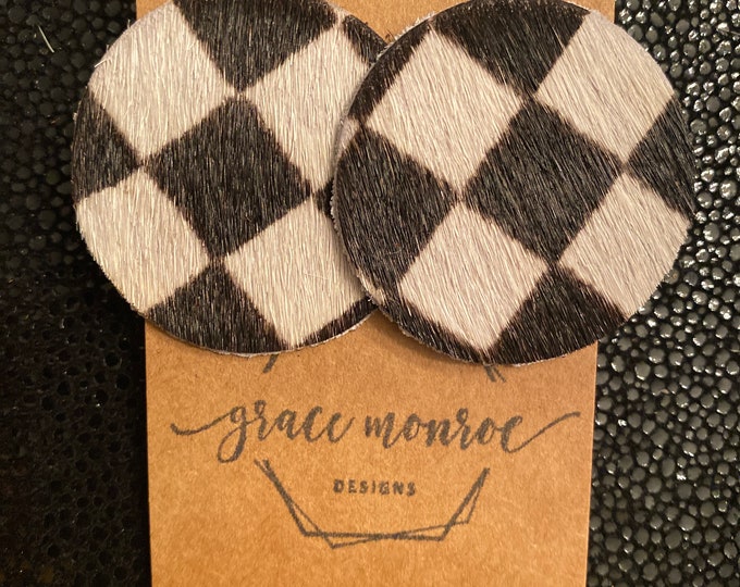 Vans Style Earrings, Black and White Checker Earrings, Checker Cowhide Earrings, Western Earrings, Grunge Earrrings, Trending Earrings