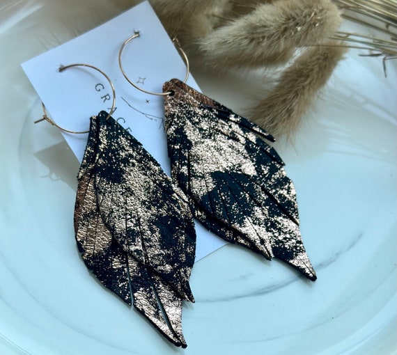 Rose Gold Shimmer Black Suede Double Leaf Fringe Earrings/Trending Statement Earrings/Leather Fringe Leaf Earrings/Western Chic Earrings